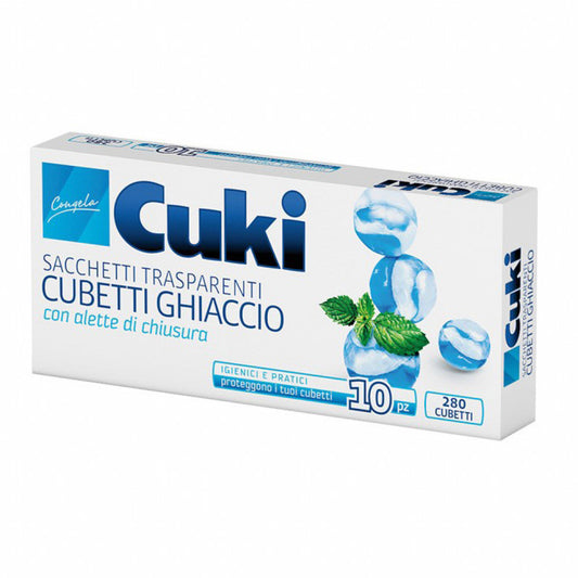 Cuki Sacchetti per Ghiaccio con Alette di Chiusura | 280 Cubetti Totali | Sistema Igienico Anti-Odore e Salvaspazio | Plastica Flessibile Alta Resistenza