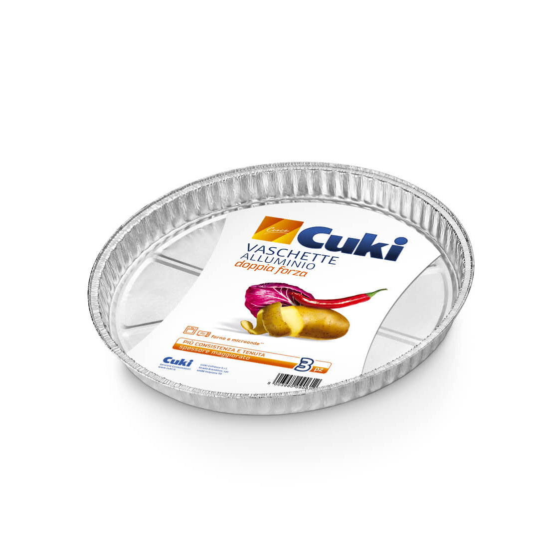 Cuki Vaschette Alluminio Tonde Ø 28.5cm | Set 3 Pezzi 8 Porzioni (1.4 L) | Spessore Maggiorato per Cottura & Servizio | 100% Riciclabili