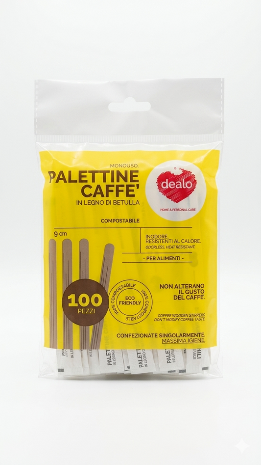 Dealo Palettine Caffè in Legno di Betulla Compostabile 9 cm | Confezionate Singolarmente | 100 Pezzi | Agitatori Biodegradabili Igienici e Inodori