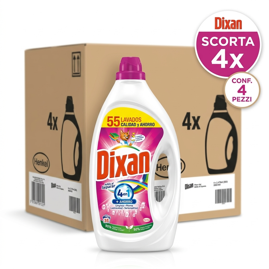 Dixan Gel Total+ Adiós al Separar | Bundle 4 Flaconi (220 Lavaggi) | 4 in 1: Pulizia, Freschezza, Luminosità e Sostenibilità | Spedizione Gratuita Inclusa