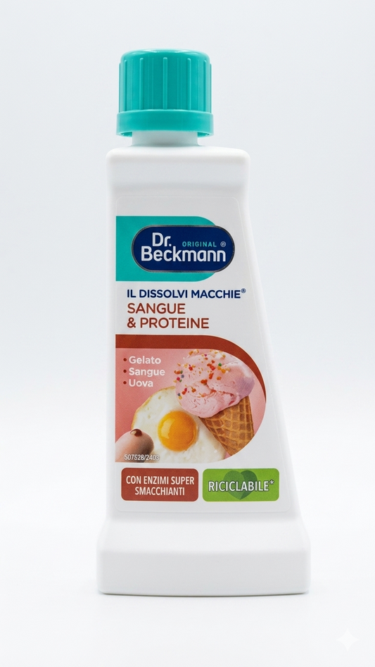 Dr. Beckmann Dissolvi Macchie Sangue & Proteine 50ml smacchiatore enzimatico specifico per macchie organiche, formulato con complesso di enzimi attivi che degradano le proteine responsabili di sangue, uova, latte, gelato e salse a base proteica, efficace a basse temperature per preservare fibre e colori, senza candeggina, sicuro su cotone, sintetici, lana e seta, formula fiber-safe che rimuove le macchie senza danneggiare i tessuti e previene la fissazione delle macchie tramite calore.