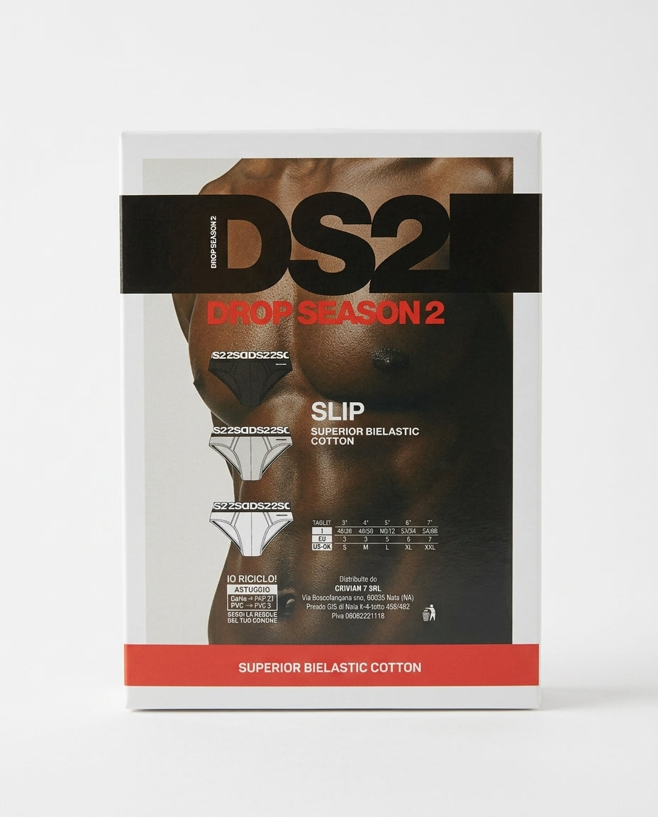 DS2 Drop Season 2 Slip Uomo 3 Pezzi in Cotone Bi-Elastico 95% Cotone 5% Elastan | Elasto-Banda Logata | Bianco, Nero e Grigio | Taglie S-XXL