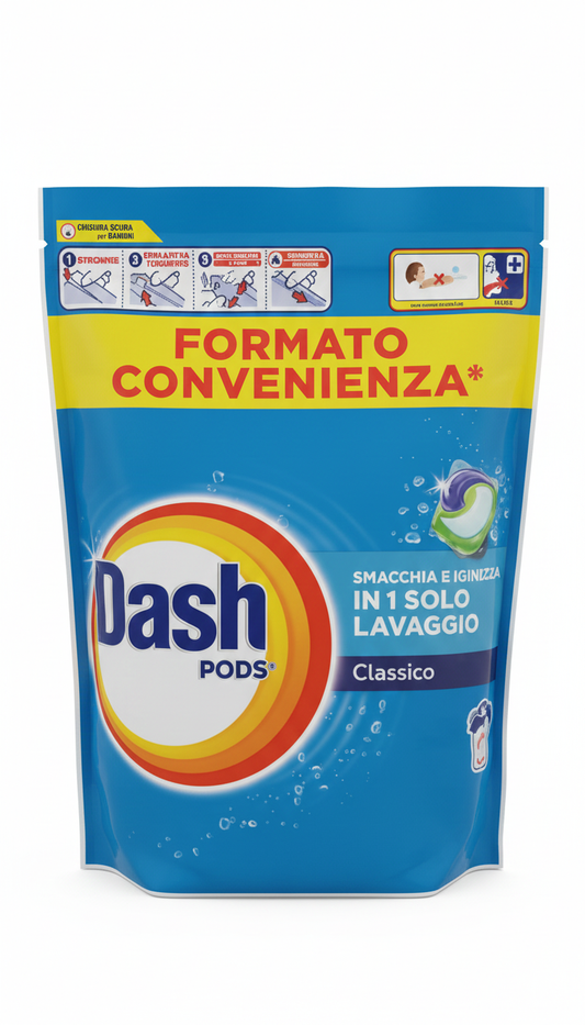 Dash Pods Classico Mega Pack 50 Lavaggi – Detersivo in Capsule All-in-1 – Pulizia Profonda, Smacchiante e Brillantezza – Efficace a 20°C