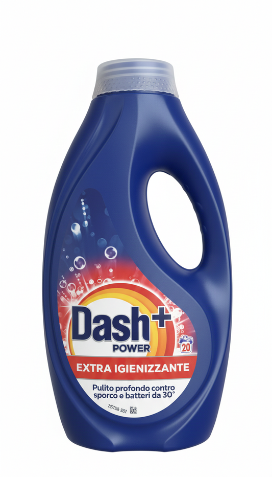 Dash + Power | Detersivo Liquido Extra Igienizzante | 900 ml | 20 Lavaggi | Azione Profonda contro Macchie e Batteri | Pulizia Impeccabile e Igiene Sicura | Efficace a Basse Temperature