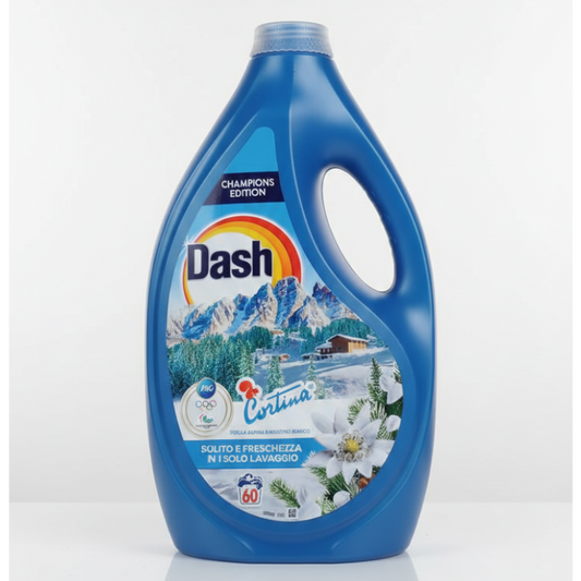 Dash Liquido Lavatrice Champions Edition Cortina 2,7L, detersivo per 60 lavaggi con profumo Stella Alpina e Muschio Bianco, efficace sulle macchie anche a 20°C, protegge colori e bianchi.