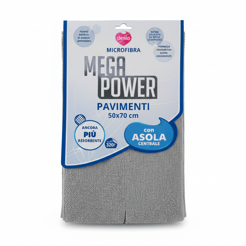Dealo Mega Power Panno Pavimenti XL 50x70 cm – Microfibra Premium con Asola Centrale per Spazzolone – Super Assorbente e Anti-Aloni