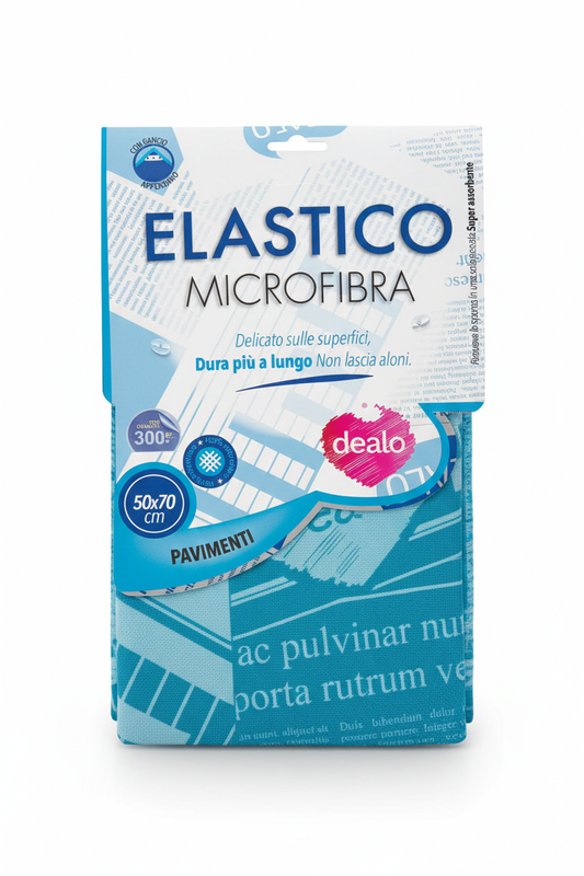 Dealo Panno Pavimenti Microfibra Elastica XL 50x70 cm, panno in microfibra ad alta capacità assorbente progettato per asciugare rapidamente e rimuovere aloni da superfici come marmo, gres e parquet, lasciando i pavimenti puliti e brillanti con poche passate.