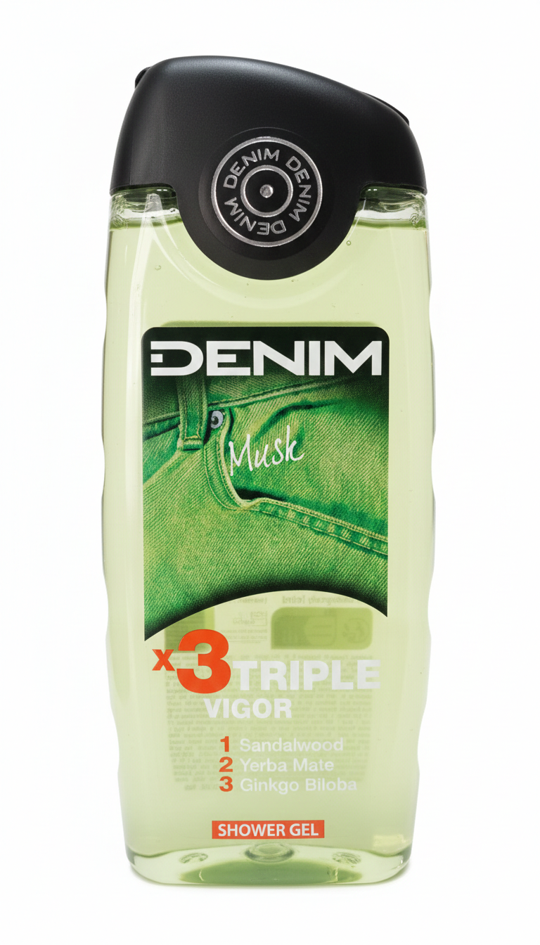Denim Musk X3 Triple Vigor Doccia Gel 250ml – Con Sandalwood, Yerba Mate e Ginkgo Biloba – Azione Rivitalizzante