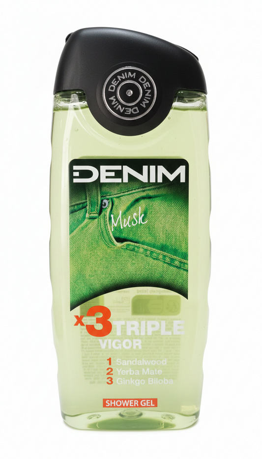 Denim Musk X3 Triple Vigor Doccia Gel 250ml – Con Sandalwood, Yerba Mate e Ginkgo Biloba – Azione Rivitalizzante