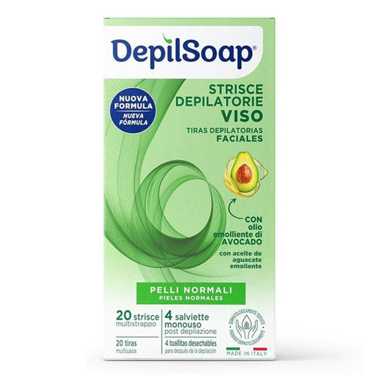 DepilSoap Strisce Depilatorie Viso 20pz – Pelli Normali – Con Olio di Avocado e Jojoba – Pelle Liscia e Curata