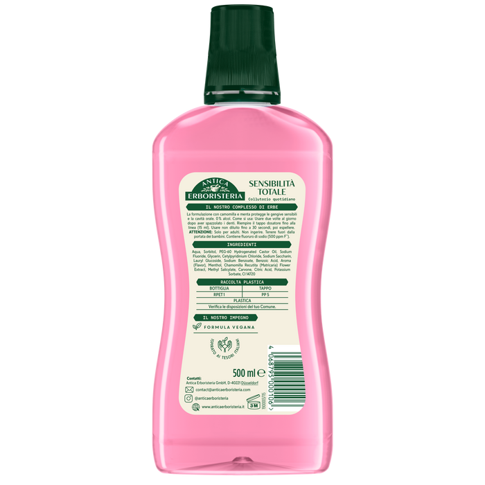 Antica Erboristeria Collutorio Sensibilità Totale 500ml Menta e Camomilla 0% Alcool – Protezione Gengive Sensibili e Rinforzo Smalto