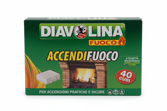 DIAVOLINA ACCENDIfuoco 40 CUBI | Per Accensioni Pratiche e Sicure | Formula Senza Fumo né Odore | Per Caminetti, Stufe e Barbecue