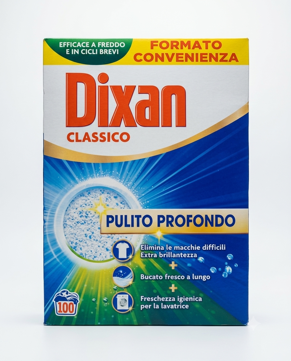 Dixan Classico Detersivo in Polvere 5,5 kg da 100 lavaggi, formula ad azione smacchiante per un pulito profondo sui capi bianchi e colorati, efficace anche a basse temperature e nei lavaggi a freddo, ideale per rimuovere lo sporco quotidiano e le macchie più ostinate.