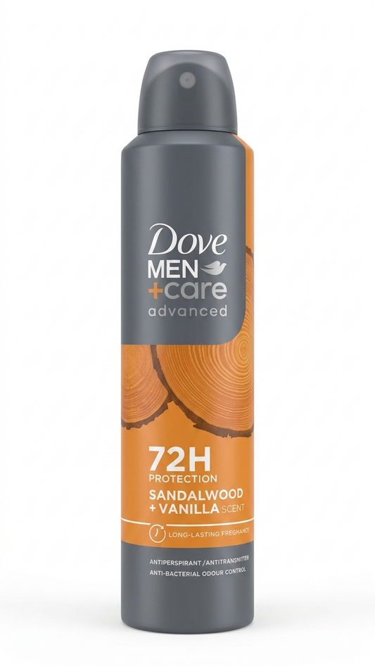 Dove Men+Care Advanced Deodorante Spray Sandalwood + Vanilla 250 ml | Protezione 72h e Tecnologia Anti-Batterica