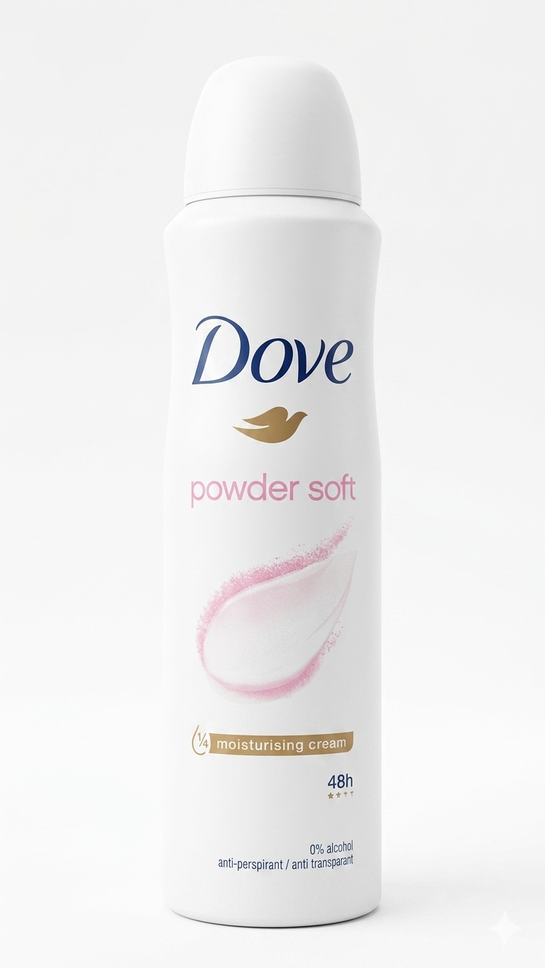 Dove Powder Soft Deodorante Spray 150ml | Fragranza Talcata | Protezione 48h con ¼ Crema Idratante | 0% Alcool Pelle Sensibile