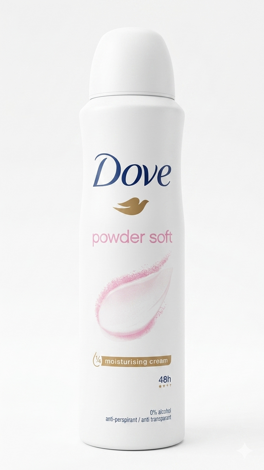 Dove Powder Soft Deodorante Spray 150ml | Fragranza Talcata | Protezione 48h con ¼ Crema Idratante | 0% Alcool Pelle Sensibile
