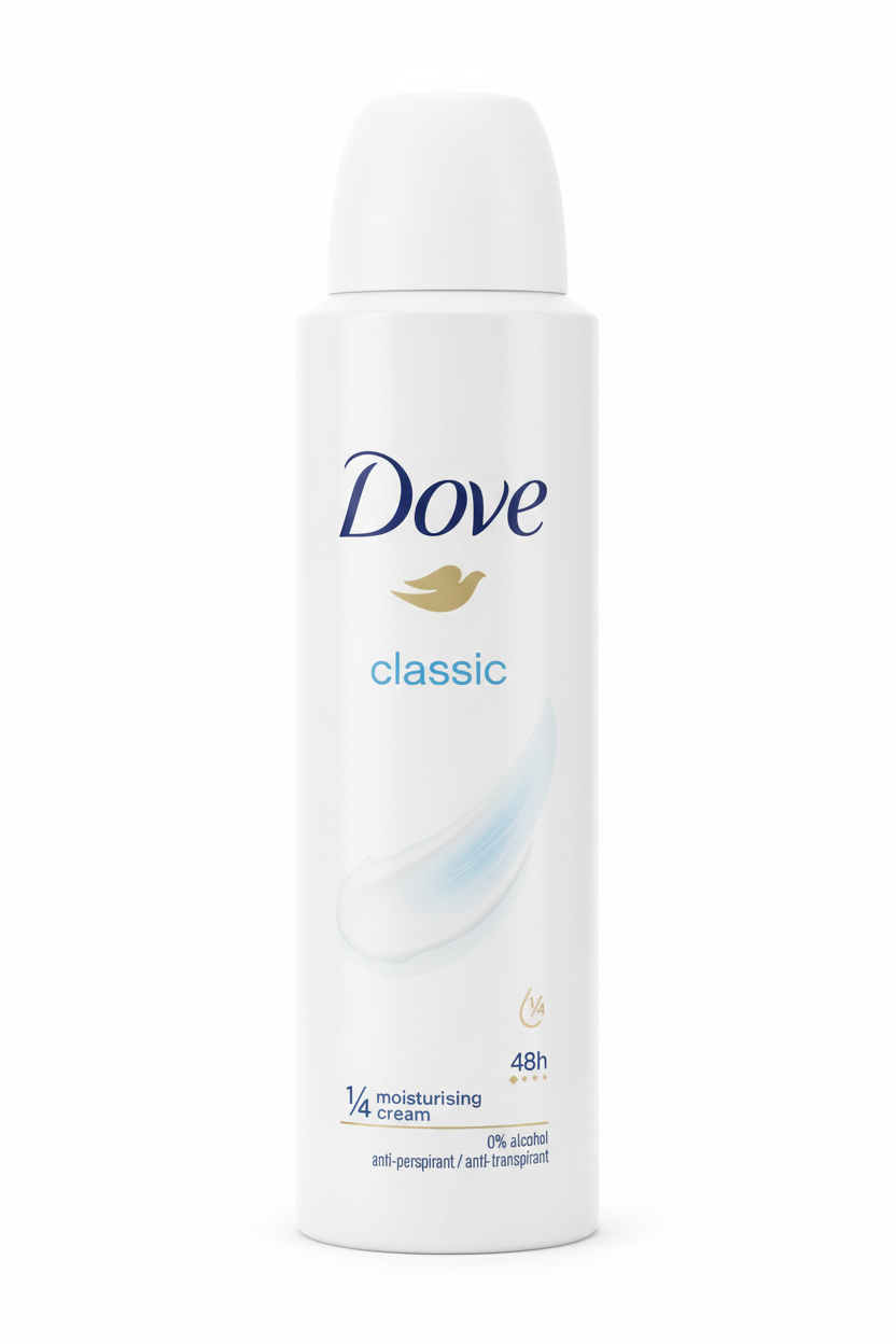 Dove Classic Deodorante Spray 150ml | Antitraspirante 48h | Con ¼ Crema Idratante | 0% Alcool Formula Originale