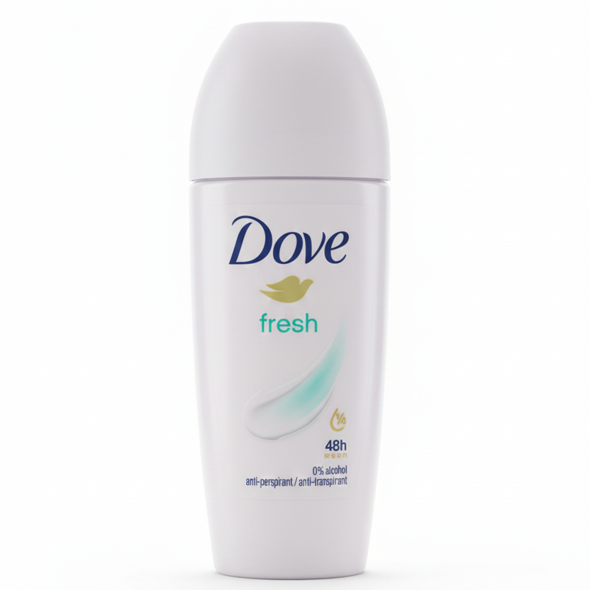 Dove Fresh Deodorante Roll-on 50ml – Antitraspirante 48H – Con ¼ Crema Idratante – Formula 0% Alcool – Freschezza a Lunga Durata