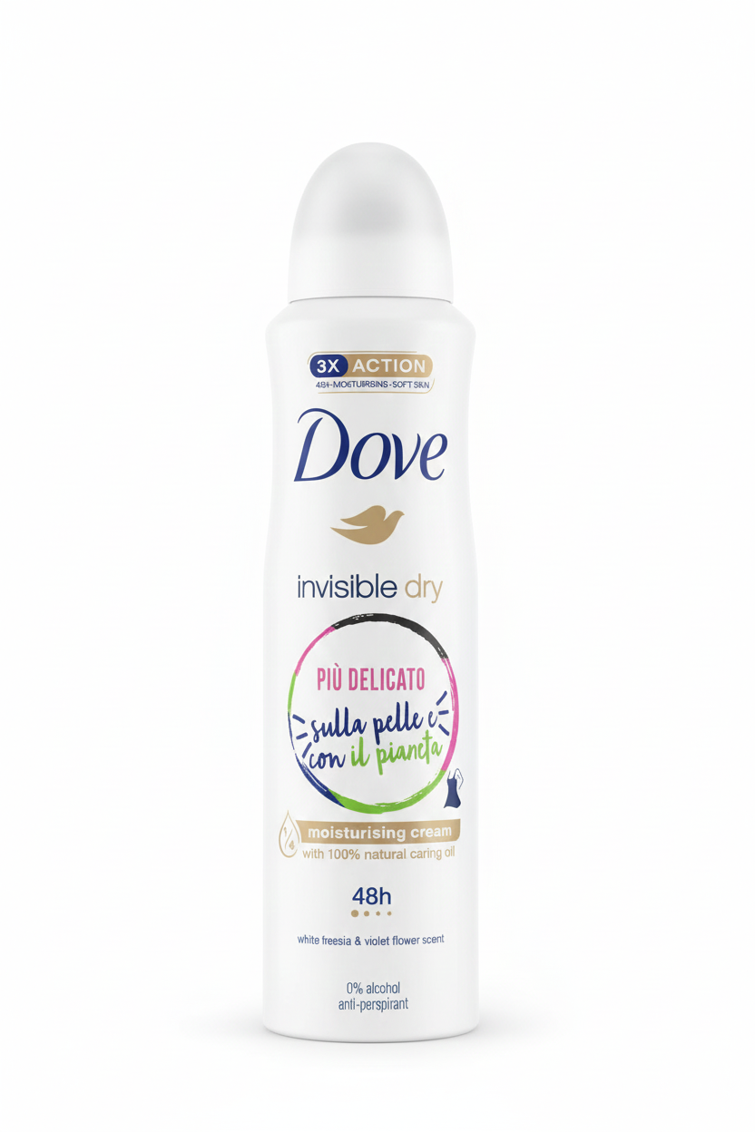 Dove Invisible Dry Deodorante Spray 150ml | Zero Macchie su 100 Colori | Protezione 48h con ¼ Crema Idratante | 0% Alcool