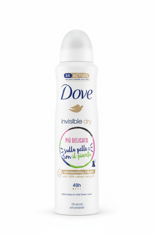 Dove Invisible Dry Deodorante Spray 150ml | Zero Macchie su 100 Colori | Protezione 48h con ¼ Crema Idratante | 0% Alcool