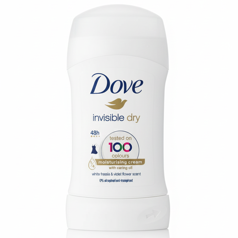 Dove Invisible Dry Deodorante Stick 40ml – Zero Macchie su 100 Colori – 48H Protezione – Con ¼ Crema Idratante & Olio Nutriente