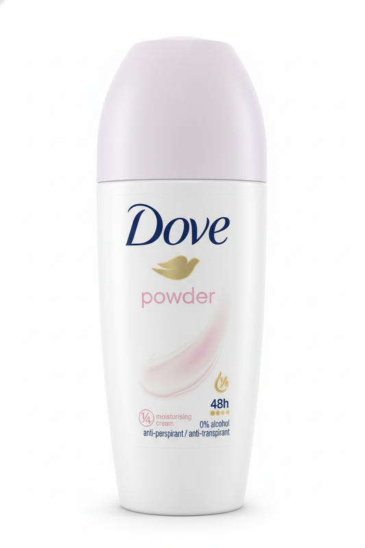 Dove Deodorante Roll-on Powder 50ml | Fragranza Talcata | Antitraspirante 48h con ¼ Crema Idratante | 0% Alcool