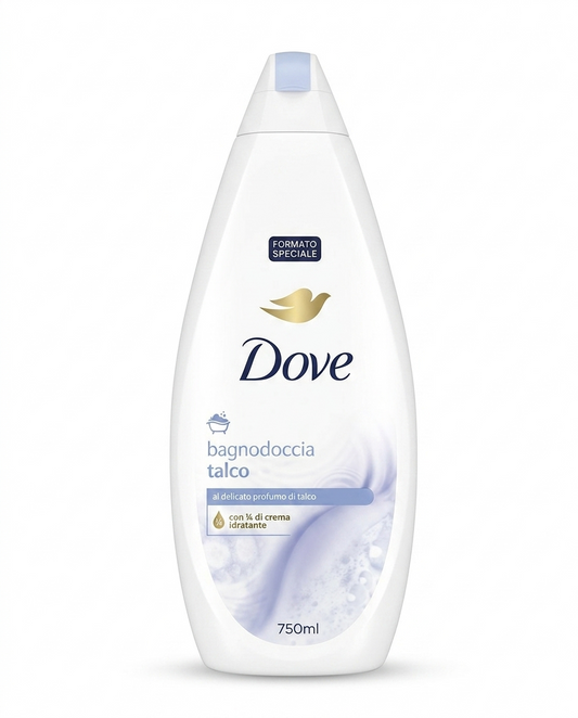 Dove Bagnodoccia Talco 750ml con 1/4 di crema idratante, detergente corpo nutriente per pelle secca e sensibile. Formula dermatologicamente testata che deterge delicatamente, aiuta a mantenere l'idratazione naturale della pelle e lascia una piacevole fragranza al talco. Maxi formato famiglia da 750 ml.
