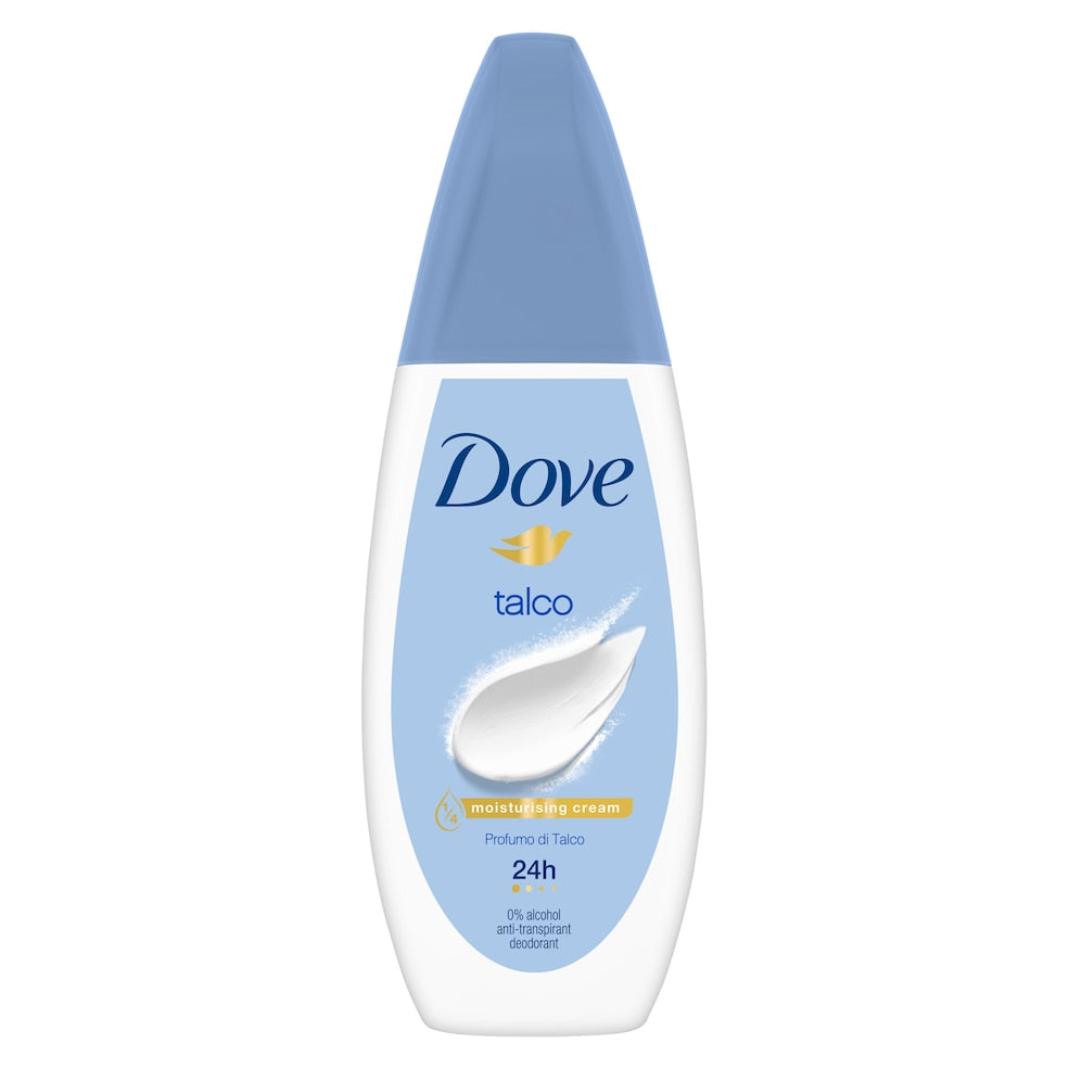 Dove Talco Deodorante Vapo No Gas 75ml – 24H Protezione Delicata – Con ¼ Crema Idratante & 0% Alcool – Profumo Rassicurante
