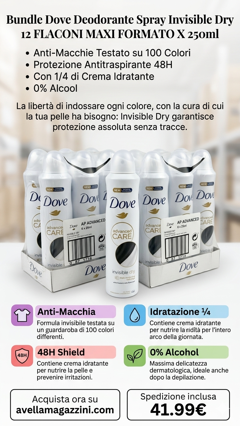Dove Deodorante Spray Invisible Dry Bundle 12 Maxi Flaconi da 250ml – Anti-Macchie su 100 Colori e Protezione 48H