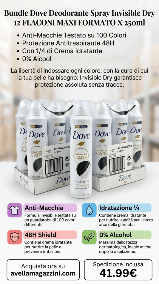 Bundle 12 Dove Invisible Dry 250ml, deodorante spray anti-macchie su 100 colori, protezione 48h e 0% alcool.