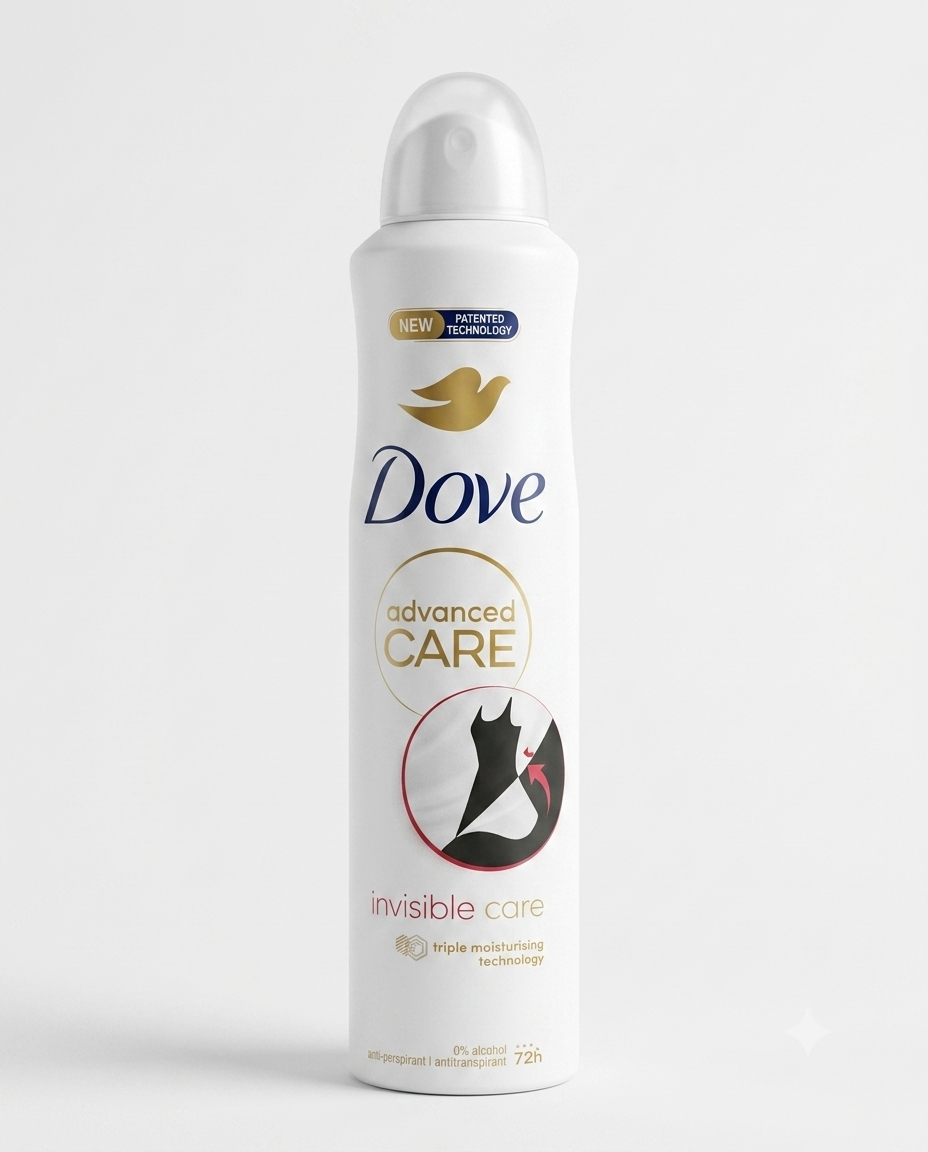 Dove Advanced Care Invisible Care Deodorante Spray Antitraspirante 250 ml, protezione fino a 72 ore contro sudore e cattivi odori, formula 0% alcol con tecnologia a tripla idratazione che aiuta a prendersi cura della pelle delle ascelle, lasciandola morbida e protetta senza macchie sui tessuti.
