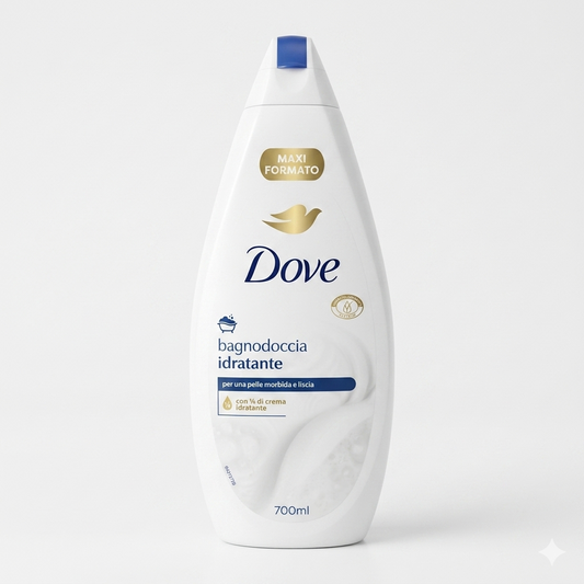 Dove Bagnodoccia Idratante 700ml con 1/3 di crema idratante, detergente corpo per tutti i tipi di pelle. Formula dermatologicamente testata che aiuta a nutrire e idratare la pelle durante la doccia, lasciandola morbida, liscia e vellutata. Maxi formato ideale per l'uso quotidiano e per tutta la famiglia.