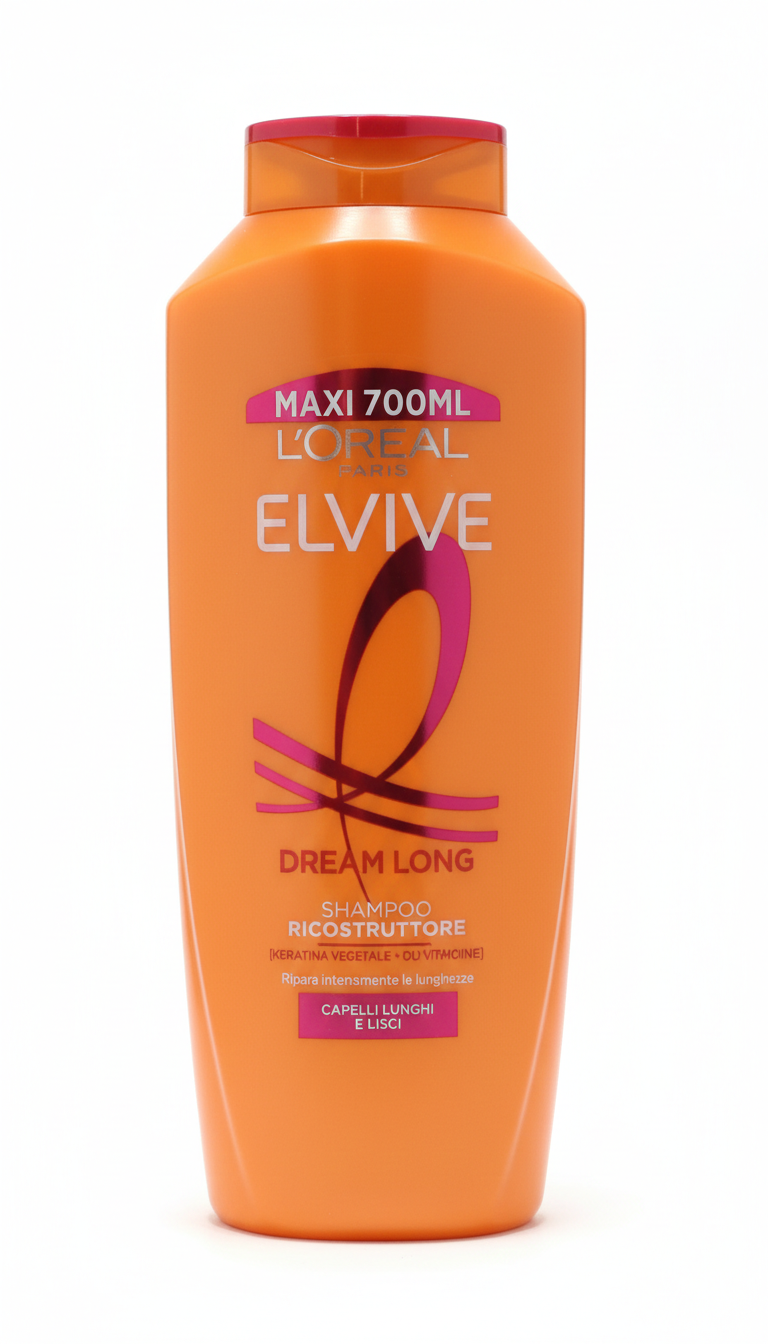 L'Oréal Paris Elvive Dream Long shampoo 700ml in formato maxi, flacone rosa, formulato per capelli lunghi e danneggiati, con cheratina vegetale e olio di ricino, indicato per rinforzare le lunghezze, ridurre la rottura e migliorare la luminosità della fibra capillare.