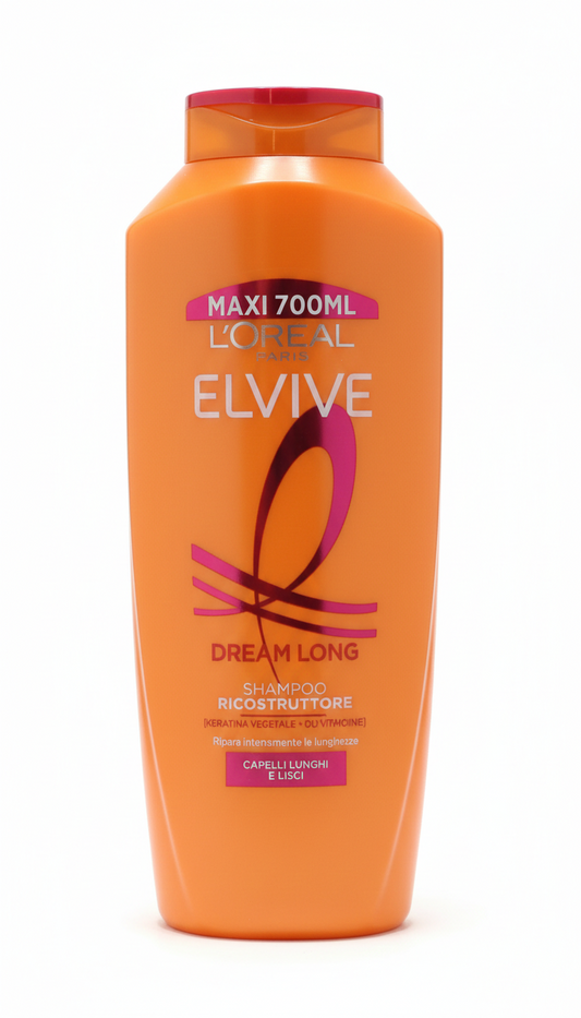 L'Oréal Paris Elvive Dream Long shampoo 700ml in formato maxi, flacone rosa, formulato per capelli lunghi e danneggiati, con cheratina vegetale e olio di ricino, indicato per rinforzare le lunghezze, ridurre la rottura e migliorare la luminosità della fibra capillare.