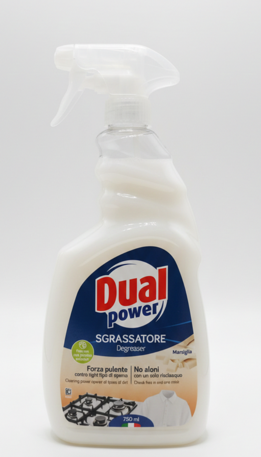 Dual Power Sgrassatore Universale 750ml Profumo di Marsiglia | Formula Professionale Ultra Sgrassante | Per Cucina, Superfici e Tessuti | Senza Aloni | Flacone in Plastica Riciclata