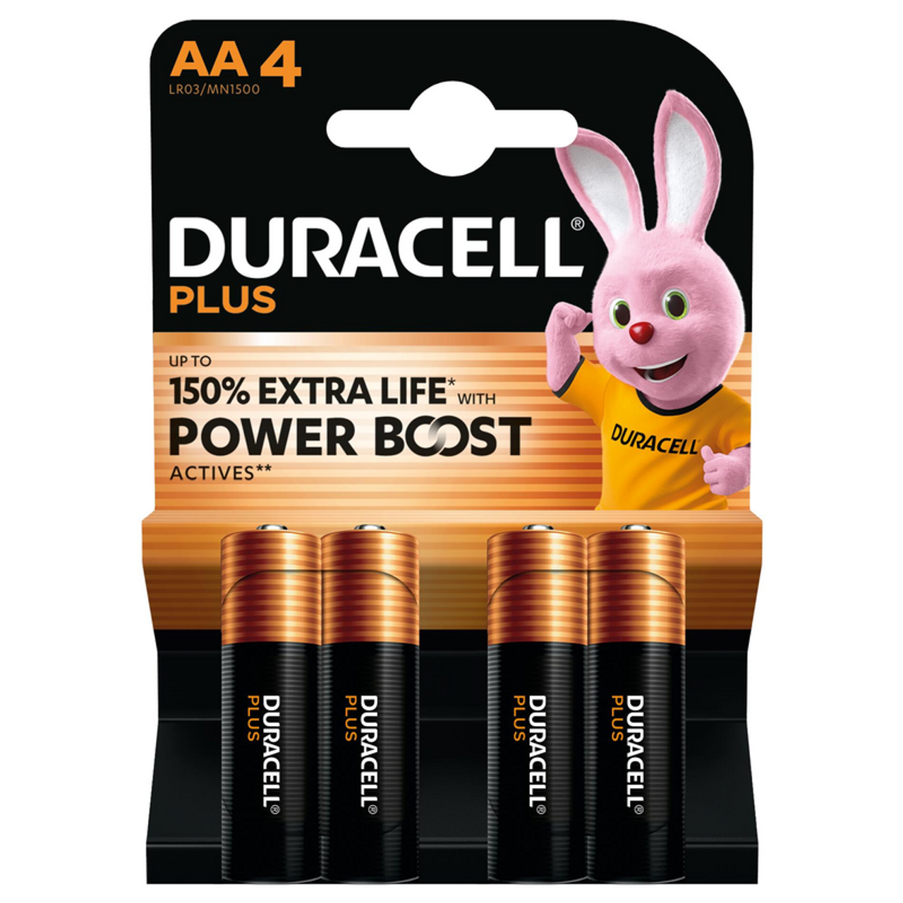 Duracell Plus AA MN1500, blister 4 batterie alcaline stilo 1,5V con tecnologia Power Boost e lunga durata.