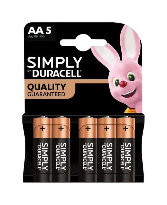 Duracell Simply AA Stilo – Blister 5 Pile Alcaline | Qualità Garantita per Uso Quotidiano | Affidabilità per Dispositivi a Basso Consumo