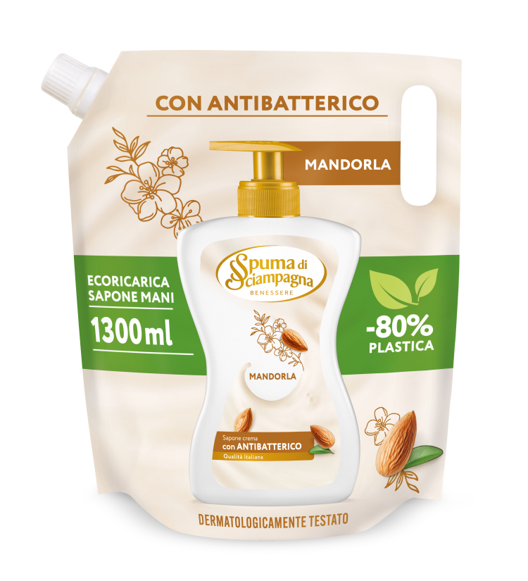 Spuma di Sciampagna Ecoricarica Sapone Mani 1300ml | Con Antibatterico Naturale | 4 Varianti | -80% Plastica