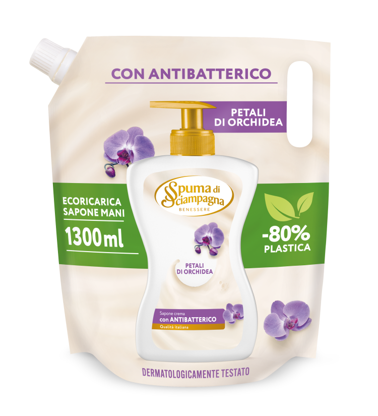Spuma di Sciampagna Ecoricarica Sapone Mani 1300ml | Con Antibatterico Naturale | 4 Varianti | -80% Plastica
