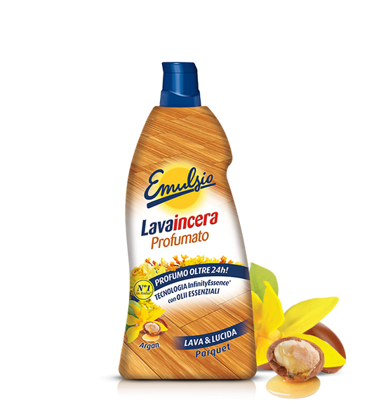 Emulsio Lavaincera Parquet Argan | 875 ml | Tripla Azione Lava Lucida e Profuma | Infinity Essence 24h | Per Legno Verniciato e Laminato