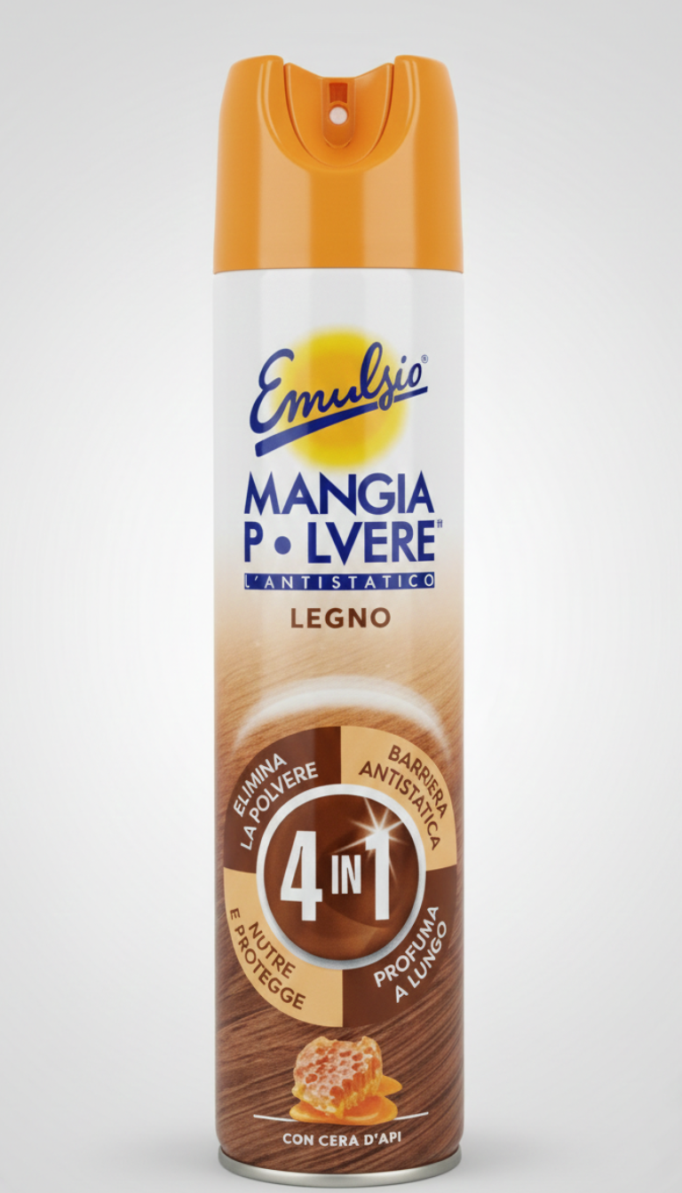 Emulsio MangiaPolvere Legno Cera d’Api 300ml | Spray Antistatico Nutriente No Gas | Protezione 4in1 e Brillantezza Mobili