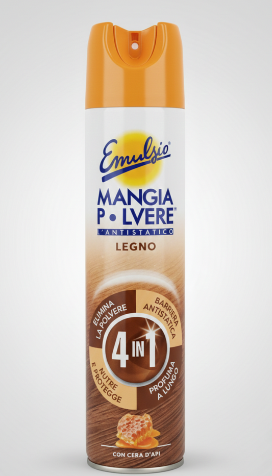 Emulsio MangiaPolvere Legno Cera d’Api 300ml | Spray Antistatico Nutriente No Gas | Protezione 4in1 e Brillantezza Mobili