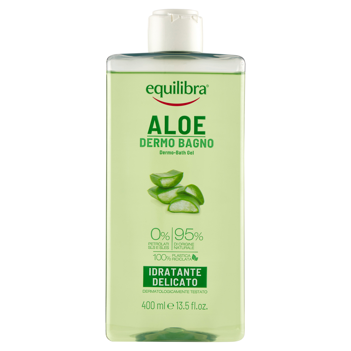 Equilibra Dermo-Bagno Aloe Vera 400ml con 20% aloe vera e estratto di mela bio, gel detergente idratante e rinfrescante per pelle sensibile. Formula con il 95% di ingredienti di origine naturale che aiuta a detergere delicatamente, idratare e lenire la pelle, lasciandola fresca, morbida e purificata.