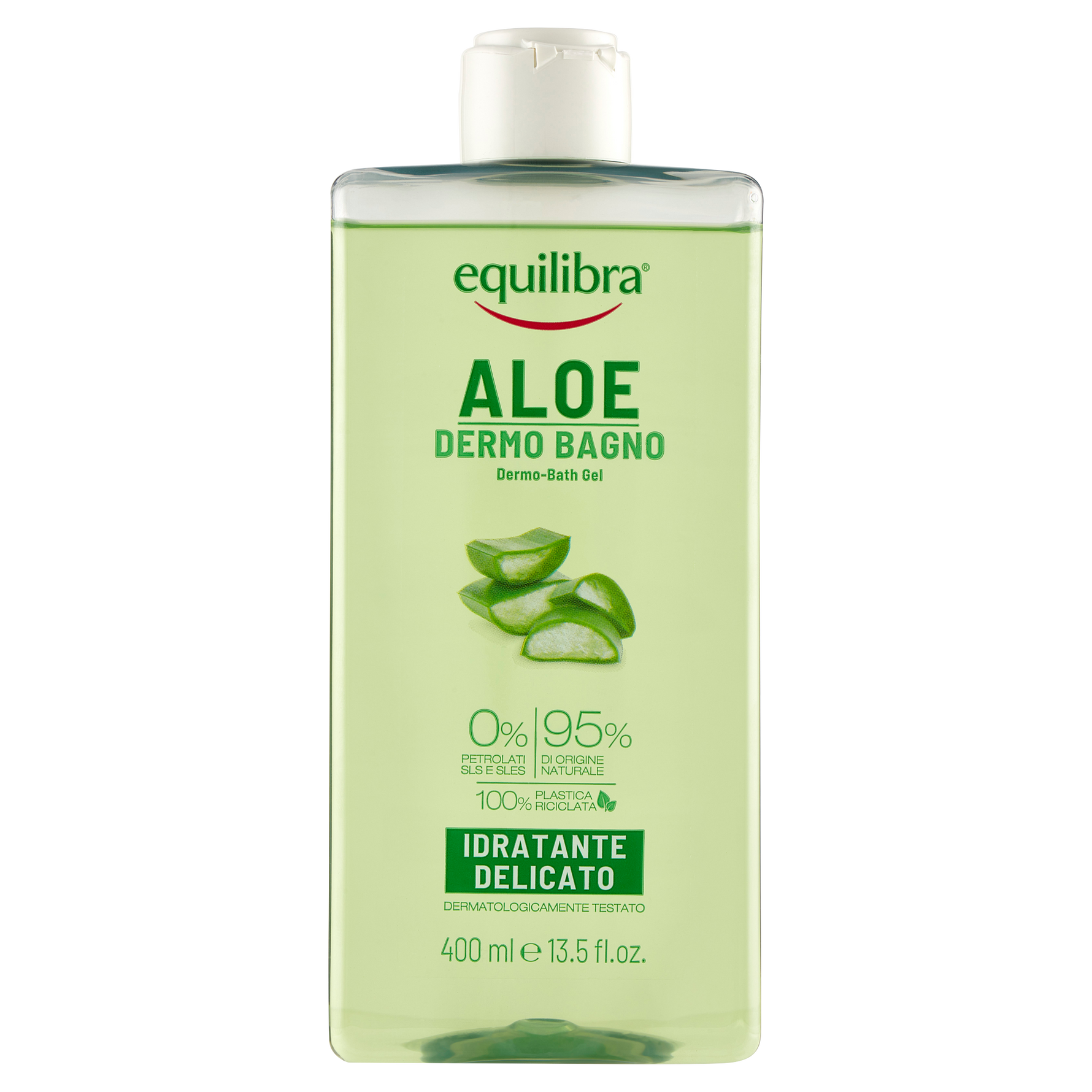Equilibra Dermo-Bagno Aloe Vera 400ml con 20% aloe vera e estratto di mela bio, gel detergente idratante e rinfrescante per pelle sensibile. Formula con il 95% di ingredienti di origine naturale che aiuta a detergere delicatamente, idratare e lenire la pelle, lasciandola fresca, morbida e purificata.