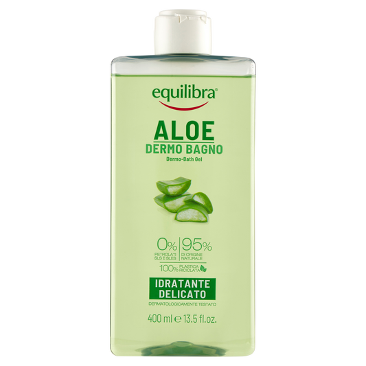Equilibra Dermo-Bagno Aloe Vera 400ml con 20% aloe vera e estratto di mela bio, gel detergente idratante e rinfrescante per pelle sensibile. Formula con il 95% di ingredienti di origine naturale che aiuta a detergere delicatamente, idratare e lenire la pelle, lasciandola fresca, morbida e purificata.