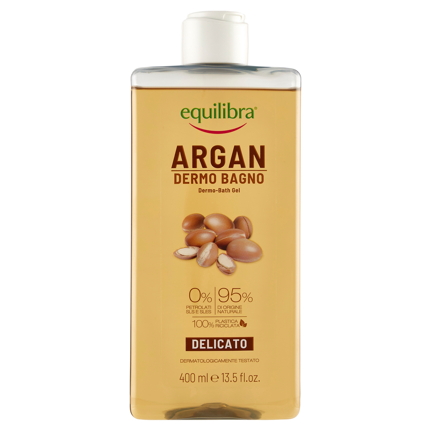 Equilibra Dermo-Bagno Argan 400ml con olio di argan e 95% ingredienti di origine naturale, gel detergente vellutante per pelle sensibile. Formula delicata senza SLES, SLS e parabeni che aiuta a detergere la pelle rispettandone l’equilibrio naturale, lasciandola morbida, elastica e piacevolmente profumata.