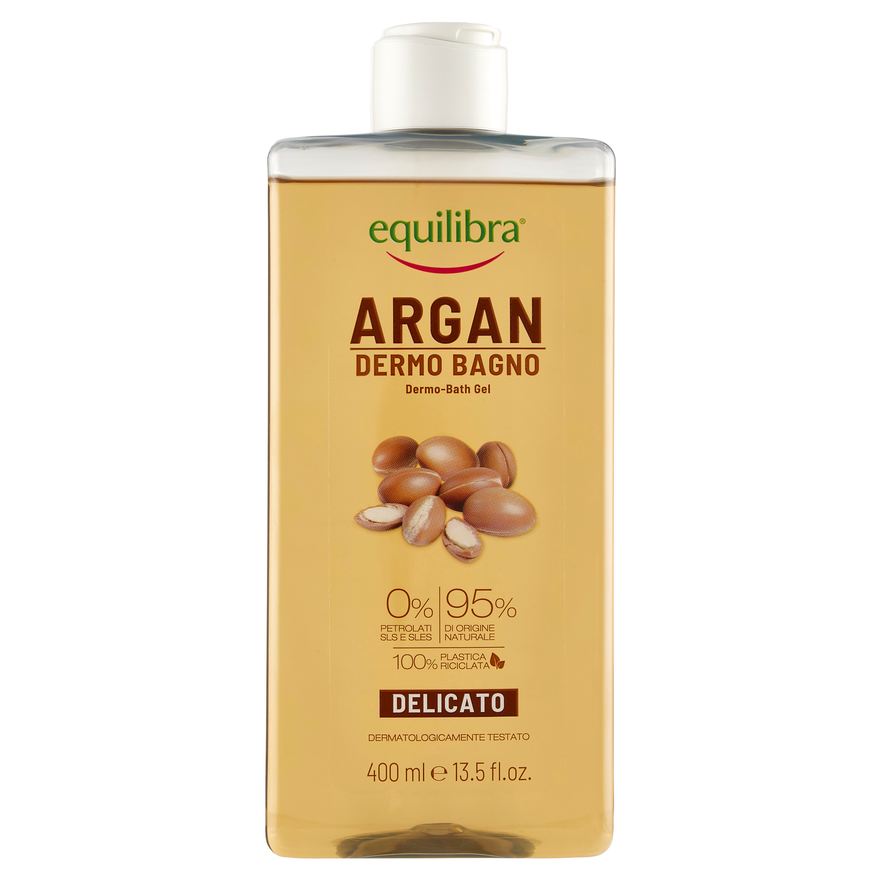 Equilibra Dermo-Bagno Argan 400ml con olio di argan e 95% ingredienti di origine naturale, gel detergente vellutante per pelle sensibile. Formula delicata senza SLES, SLS e parabeni che aiuta a detergere la pelle rispettandone l’equilibrio naturale, lasciandola morbida, elastica e piacevolmente profumata.