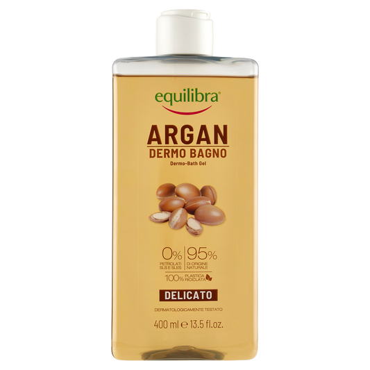 Equilibra Dermo-Bagno Argan 400ml con olio di argan e 95% ingredienti di origine naturale, gel detergente vellutante per pelle sensibile. Formula delicata senza SLES, SLS e parabeni che aiuta a detergere la pelle rispettandone l’equilibrio naturale, lasciandola morbida, elastica e piacevolmente profumata.