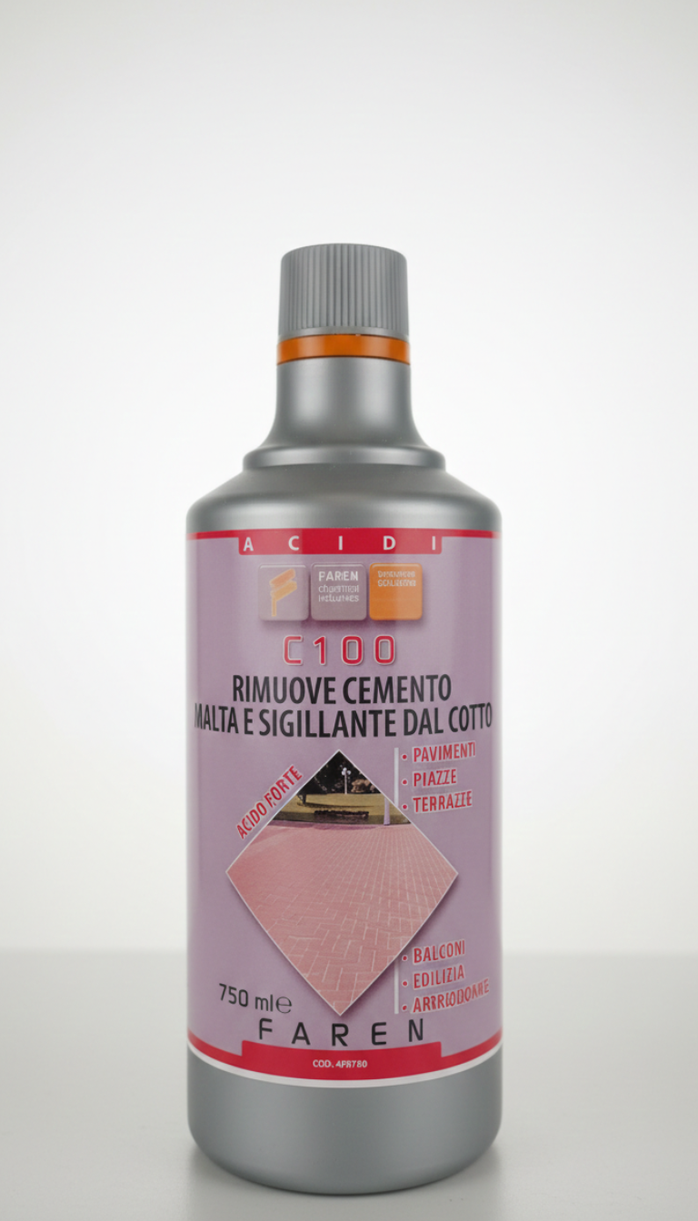 FAREN C100 Disincrostante Acido Professionale 750ml | Rimuove Residui di Cemento, Malta e Sigillanti | Ideale per Cotto, Clinker e Terrazze | Rimuove Salnitro e Ruggine | Made in Italy