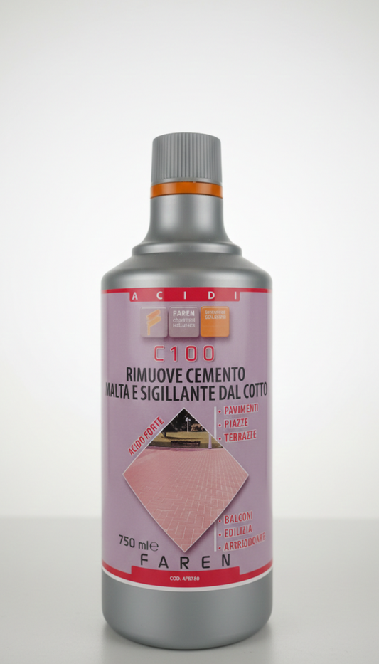 FAREN C100 Disincrostante Acido Professionale 750ml | Rimuove Residui di Cemento, Malta e Sigillanti | Ideale per Cotto, Clinker e Terrazze | Rimuove Salnitro e Ruggine | Made in Italy